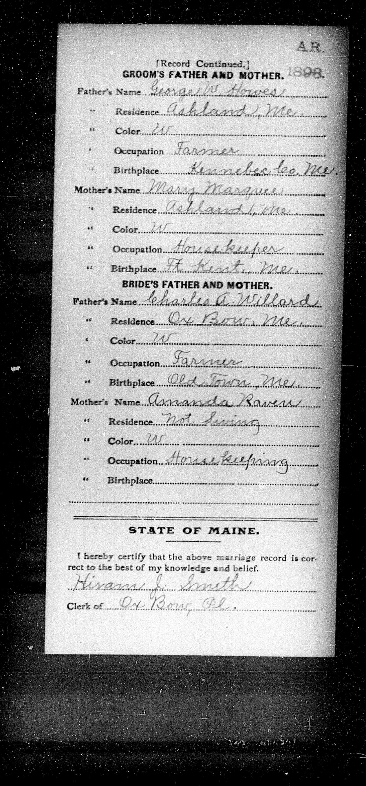 1898 Marriage Record for Eva Willard and Frank Howes