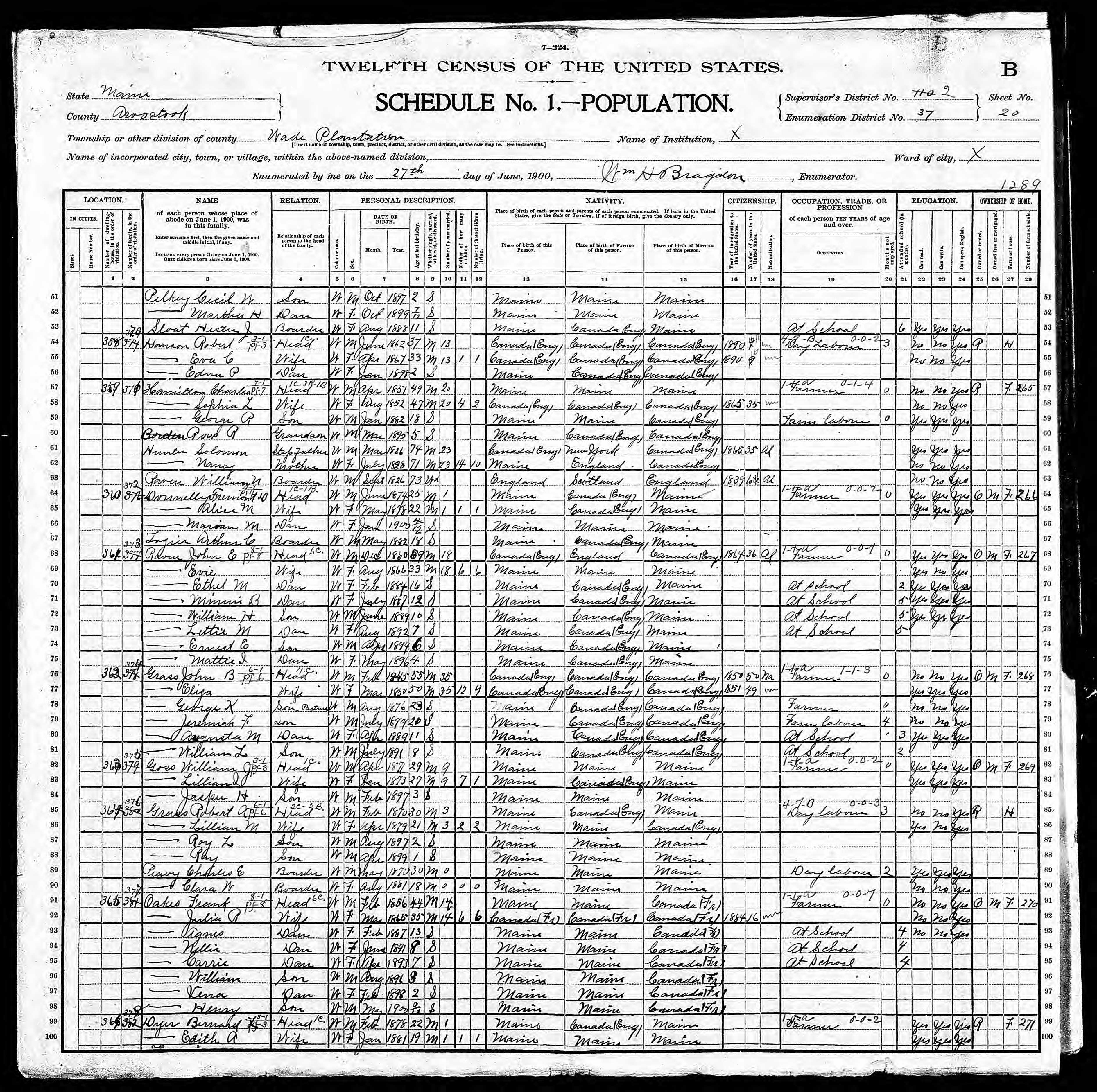 1900 US Census - Wade Plantation, ME