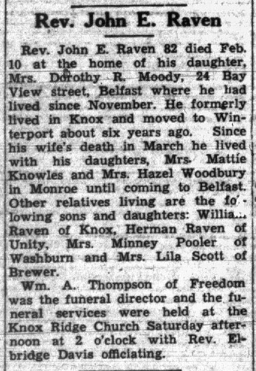 Obituary of Rev. John E. Raven in The Republican Journal, 18 February 1943 Obituary of Rev. John E. Raven in The Republican Journal, 18 February 1943