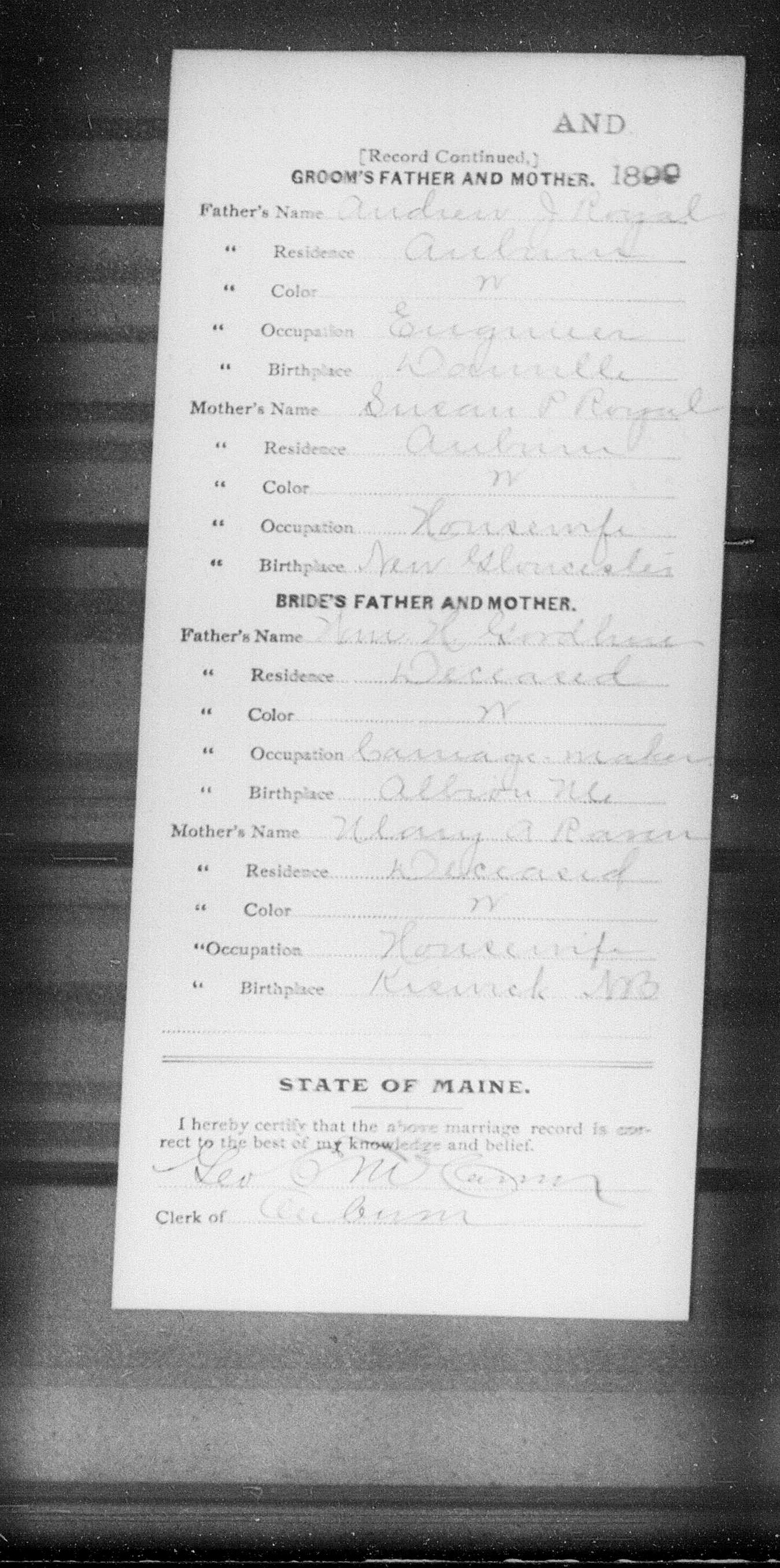 Ida Goodhue and Herbert Royal marriage record 1899 (back)