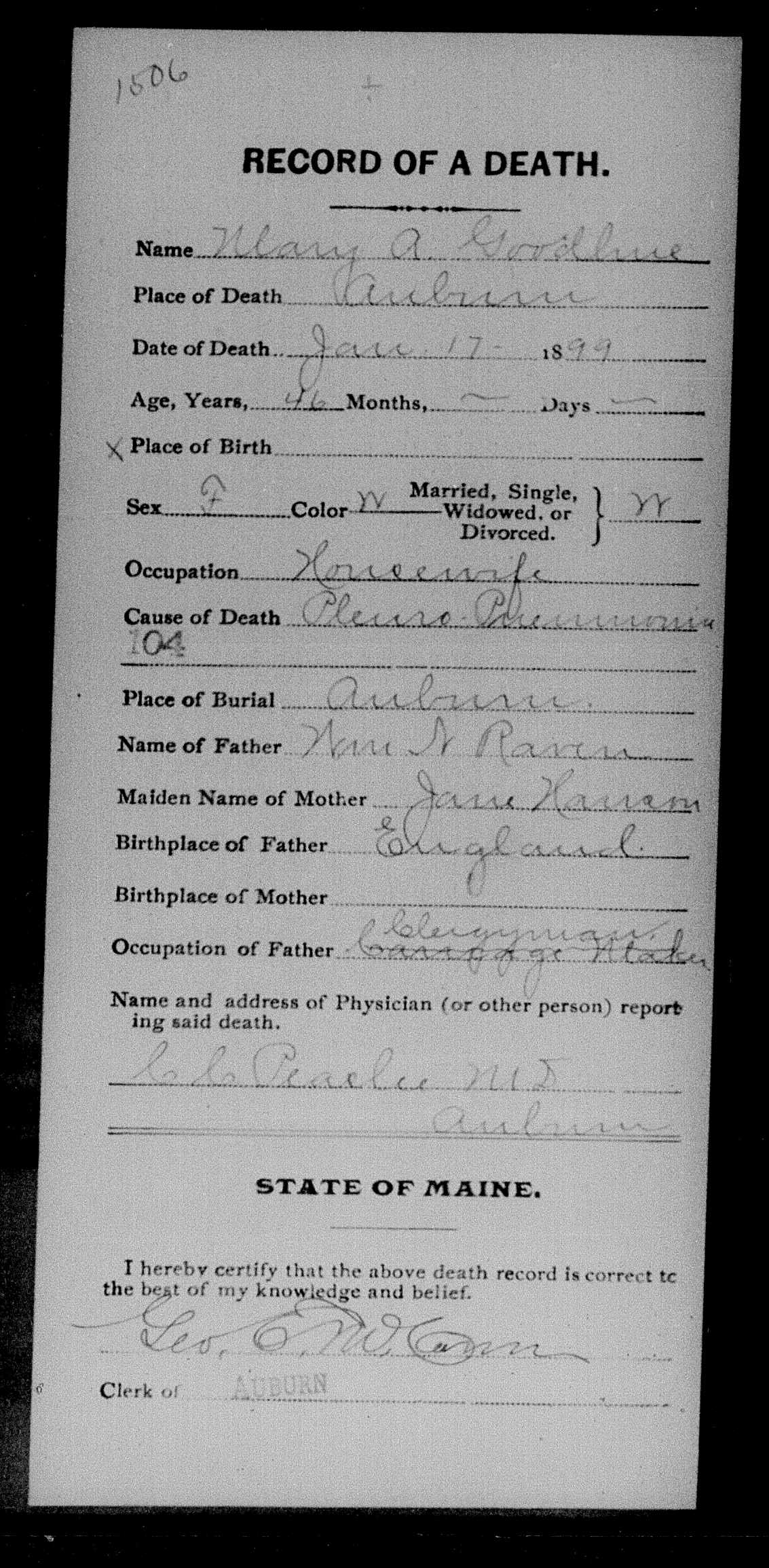 Mary Ann Goodhue death record 1899