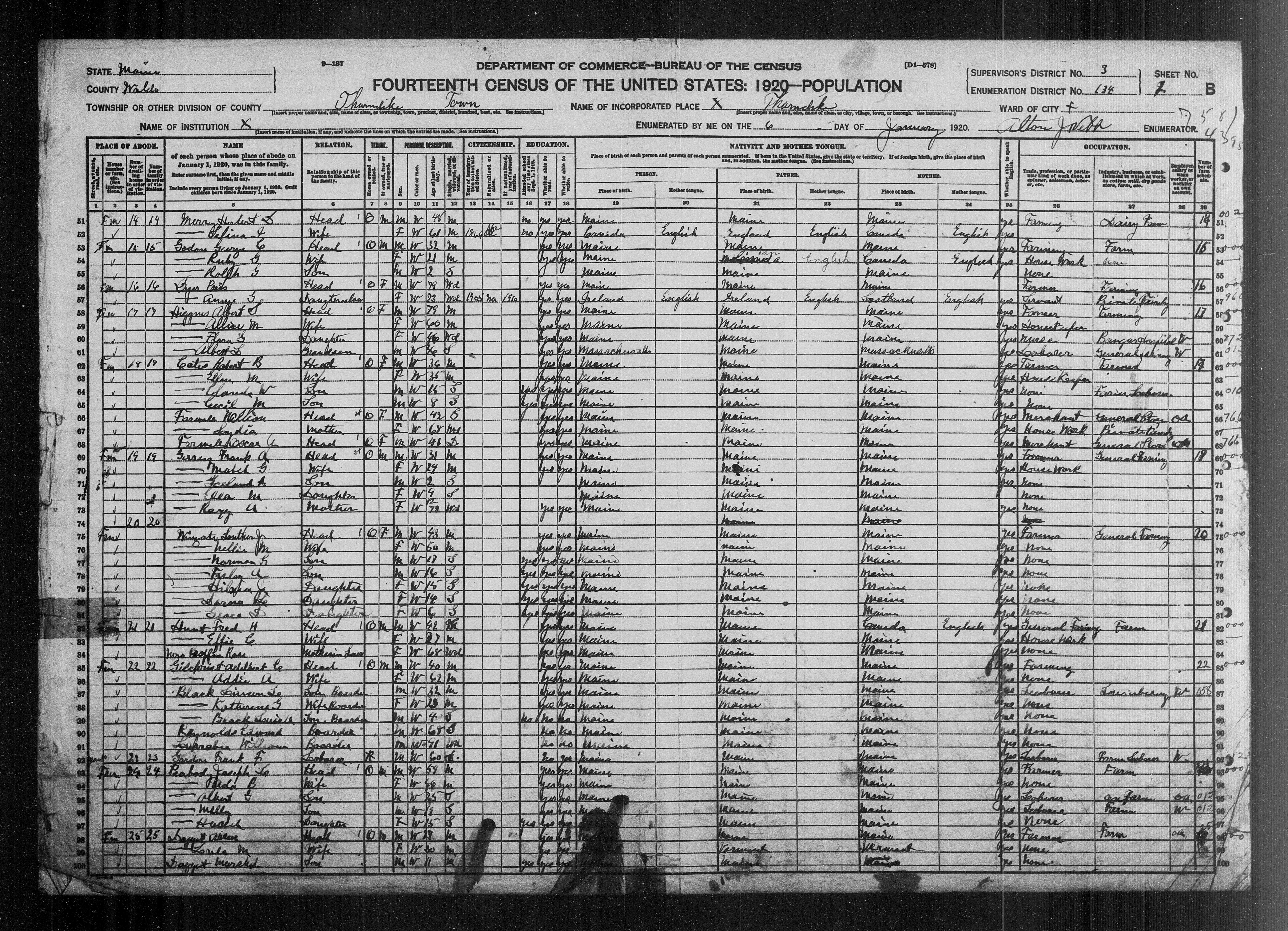 1920 US Census - Thorndike, ME