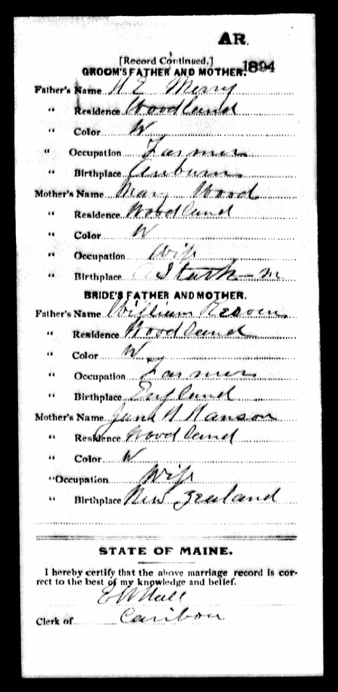 Herbert and Selena Merry 1894 marriage record (back)