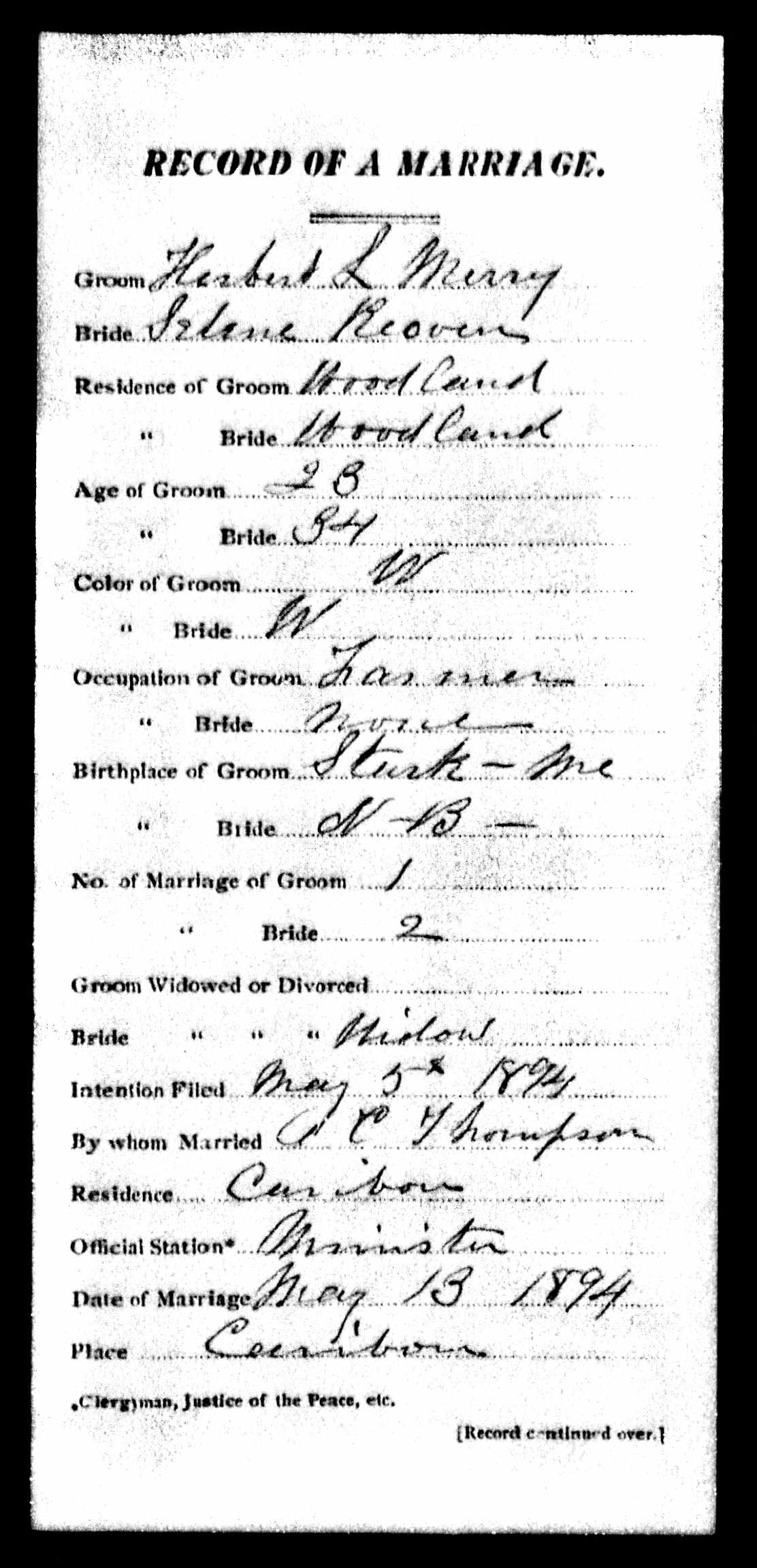 Herbert and Selena Merry 1894 marriage record (front)