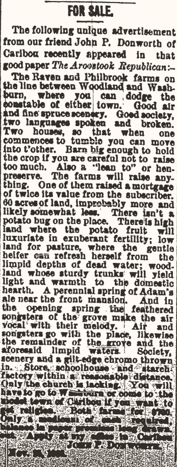 Farm For Sale - Fort Fairfield Review - 9 December 1903