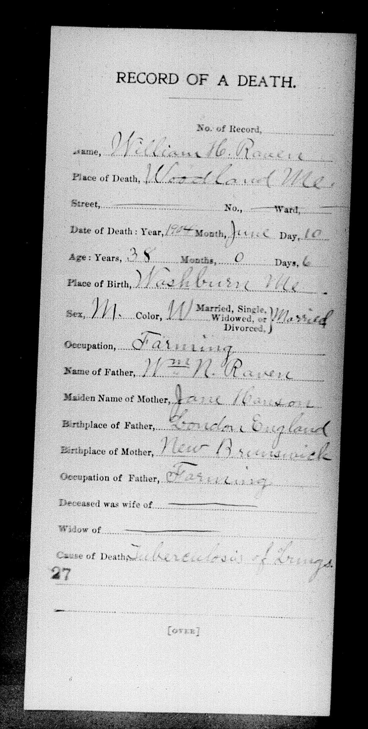 William Henry Raven - 1904 Death Record (front)