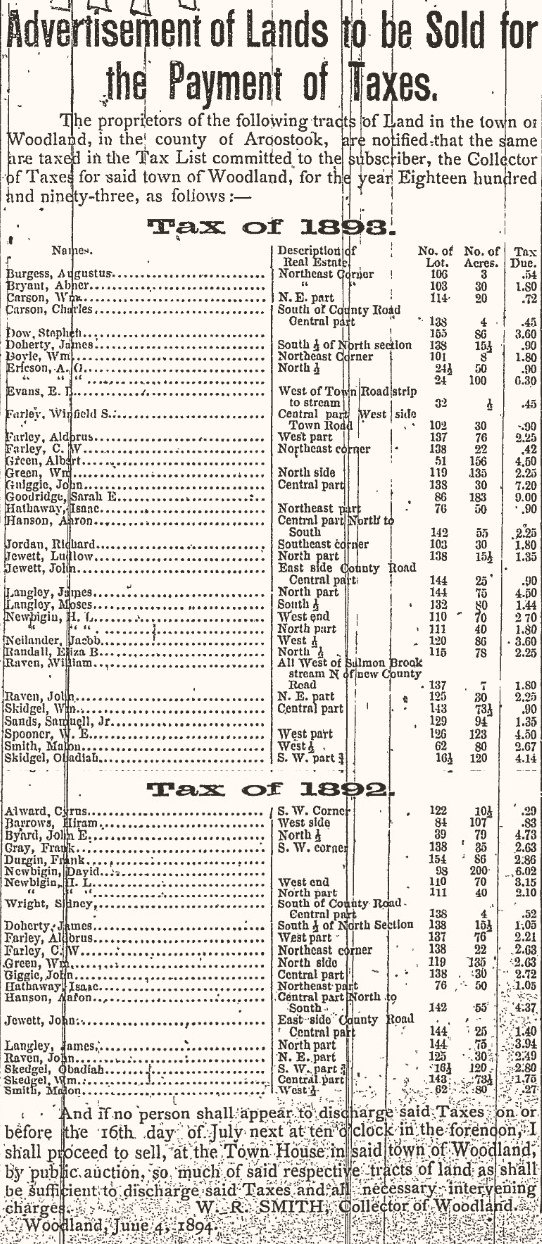 Notice regarding taxes in the Aroostook Republican, 13 June 1894 Notice regarding taxes in the Aroostook Republican, 13 June 1894