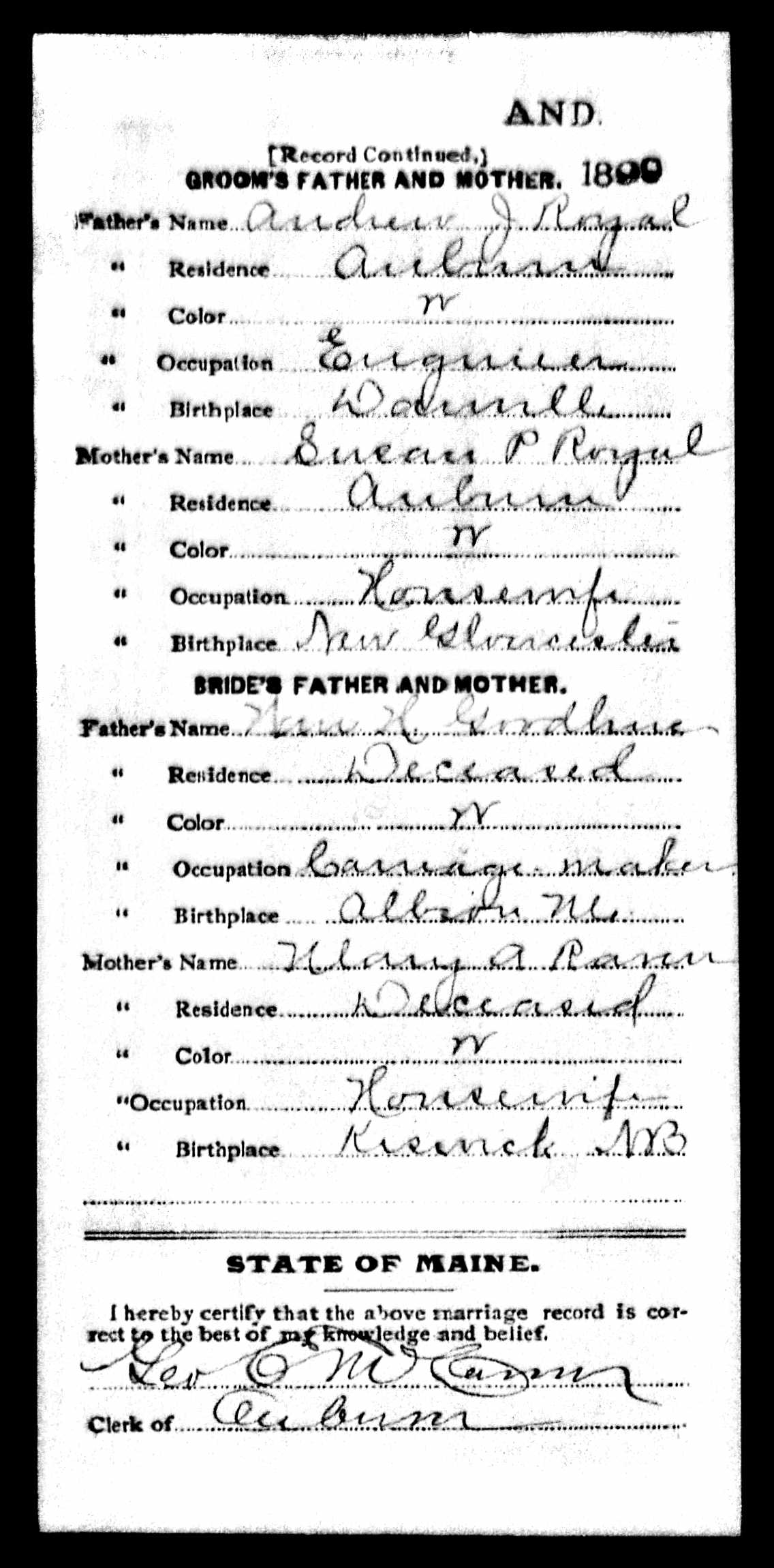 Marriage Record — Herbert C. Royal and Ida Jane Goodhue (back)