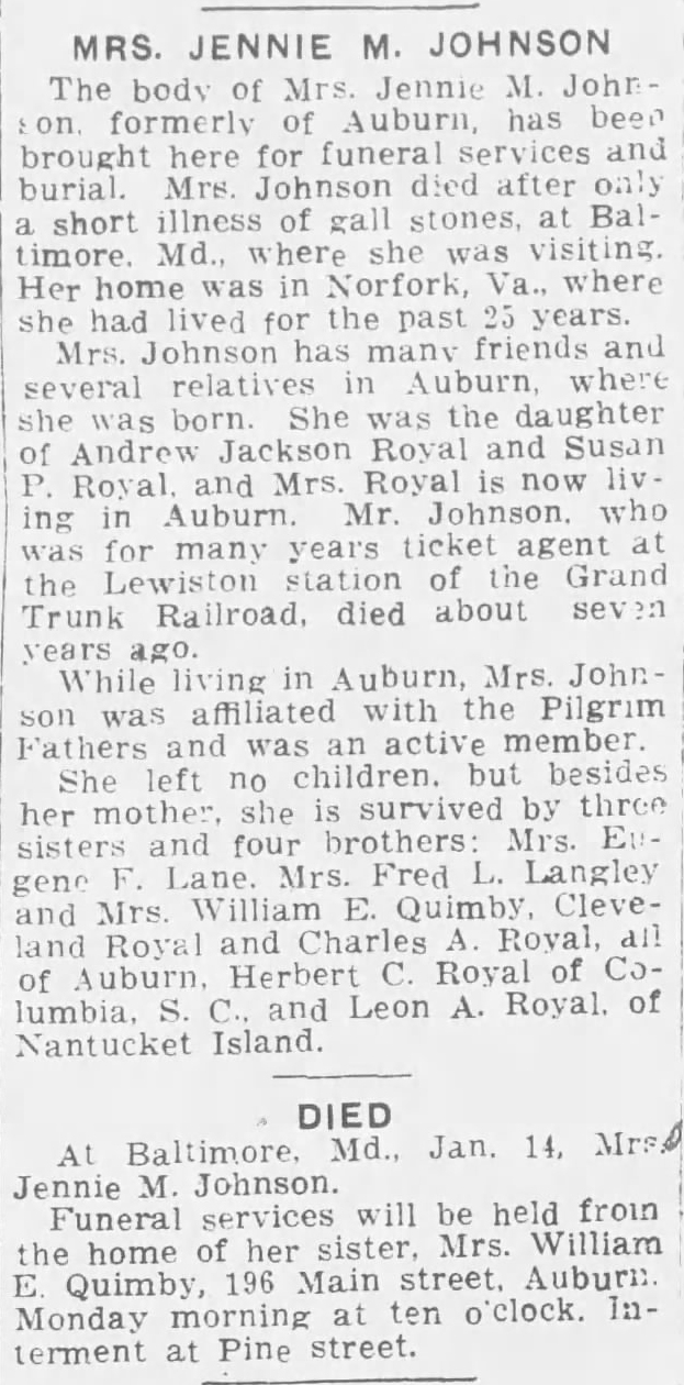 Obituary of Jennie M. Johnson in Lewiston Daily Sun, 20 January 1919
