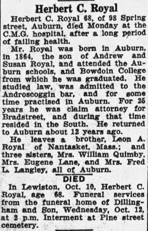 Obituary of Herbert C. Royal in Lewiston Daily Sun, 11 October 1932