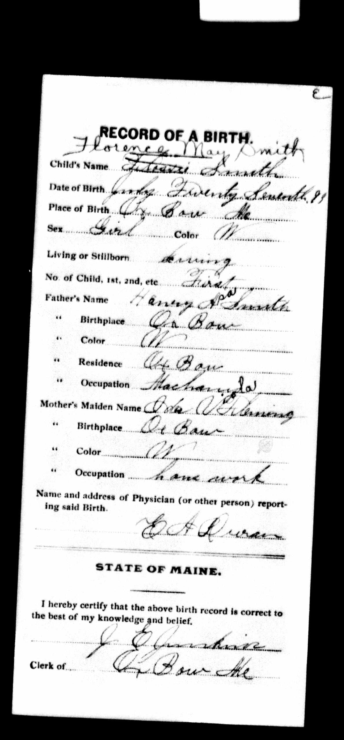 Birth Record — Florence May Smith Birth Record — Florence May Smith