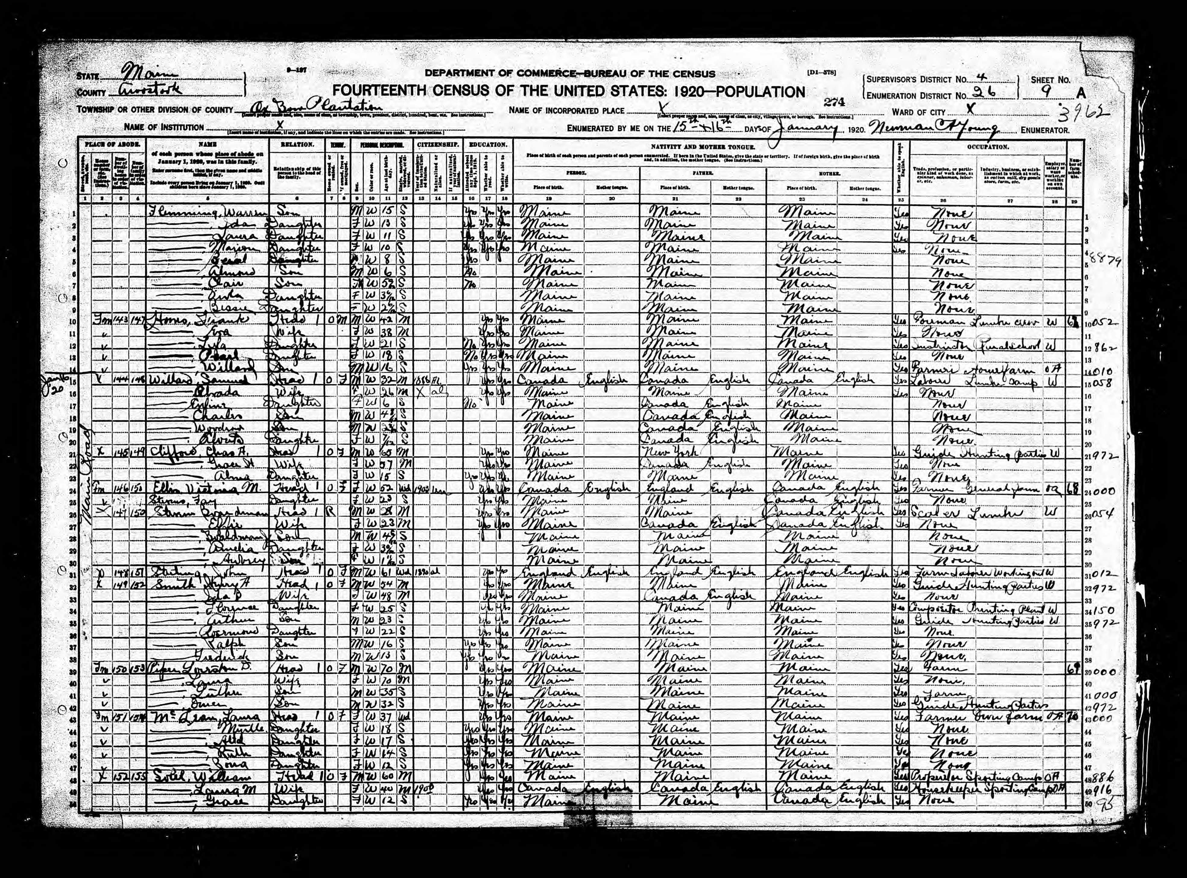 1920 US Census — Oxbow, Maine 1920 US Census — Oxbow, Maine