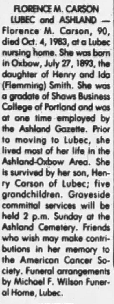 Obituary of Florence M. Carson in the Bangor Daily News, 6 October 1983 Obituary of Florence M. Carson in the Bangor Daily News, 6 October 1983