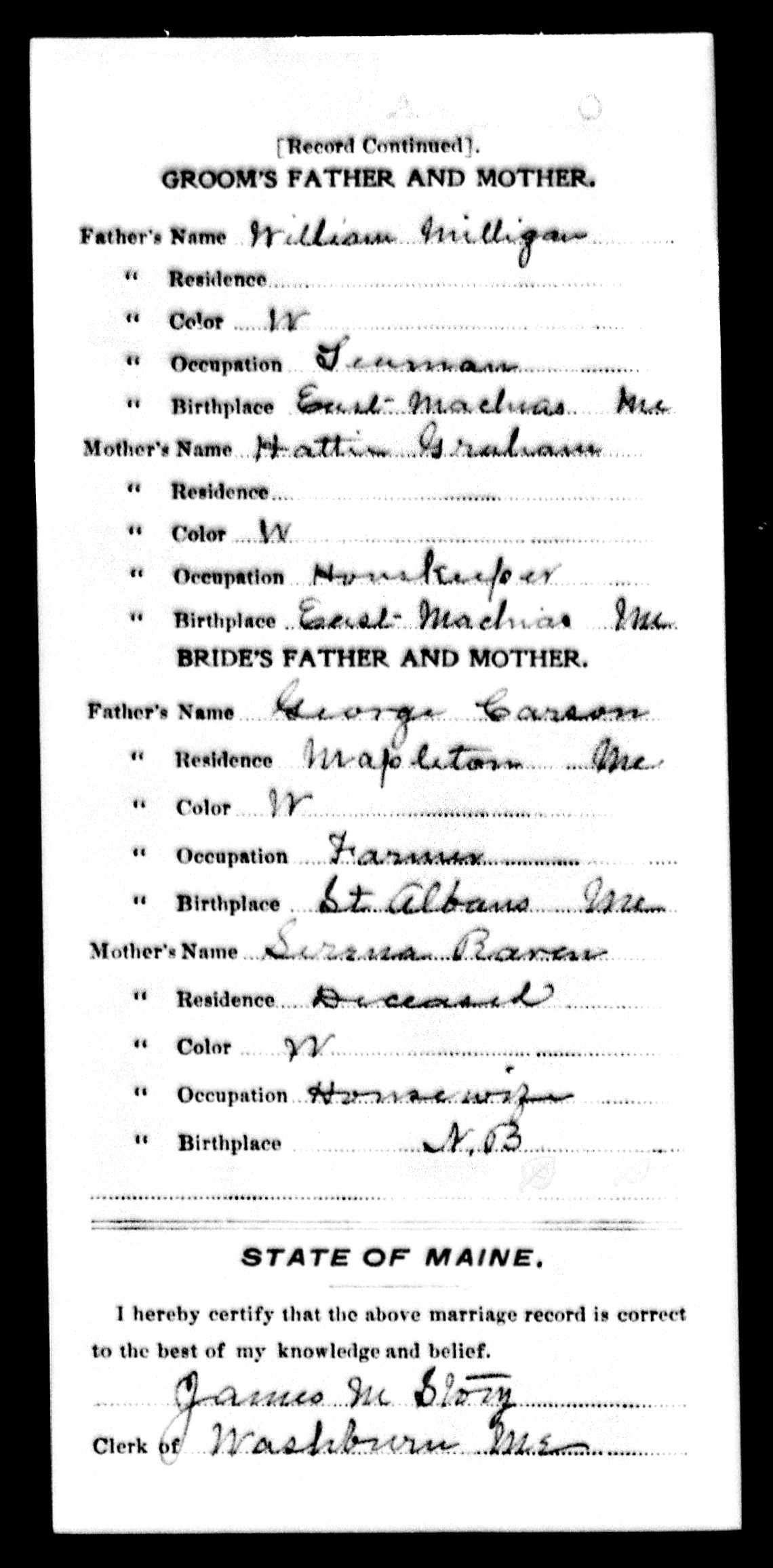 Marriage Record (back) — William Whipple and Hattie E. Carson Marriage Record (back) — William Whipple and Hattie E. Carson