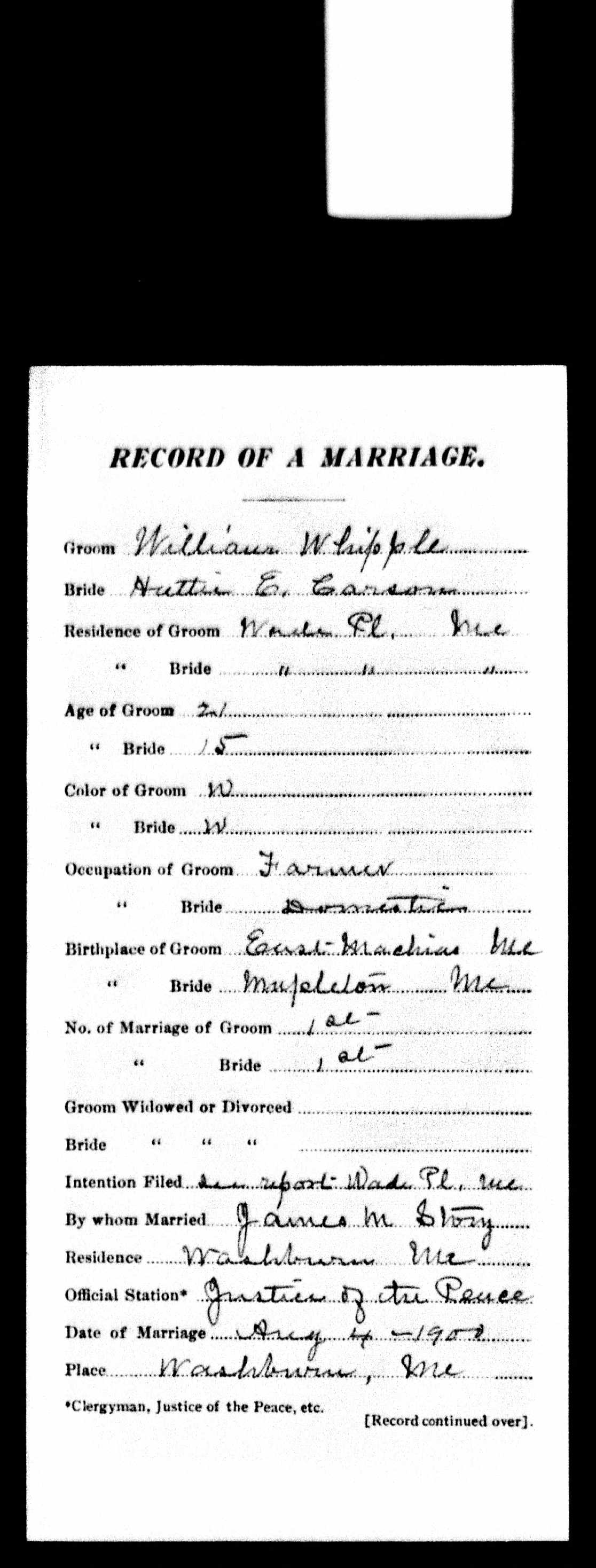 Marriage Record (front) — William Whipple and Hattie E. Carson Marriage Record (front) — William Whipple and Hattie E. Carson