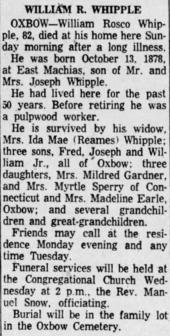 Obituary of William R. Whipple in the Bangor Daily News, 3 April 1961 Obituary of William R. Whipple in the Bangor Daily News, 3 April 1961