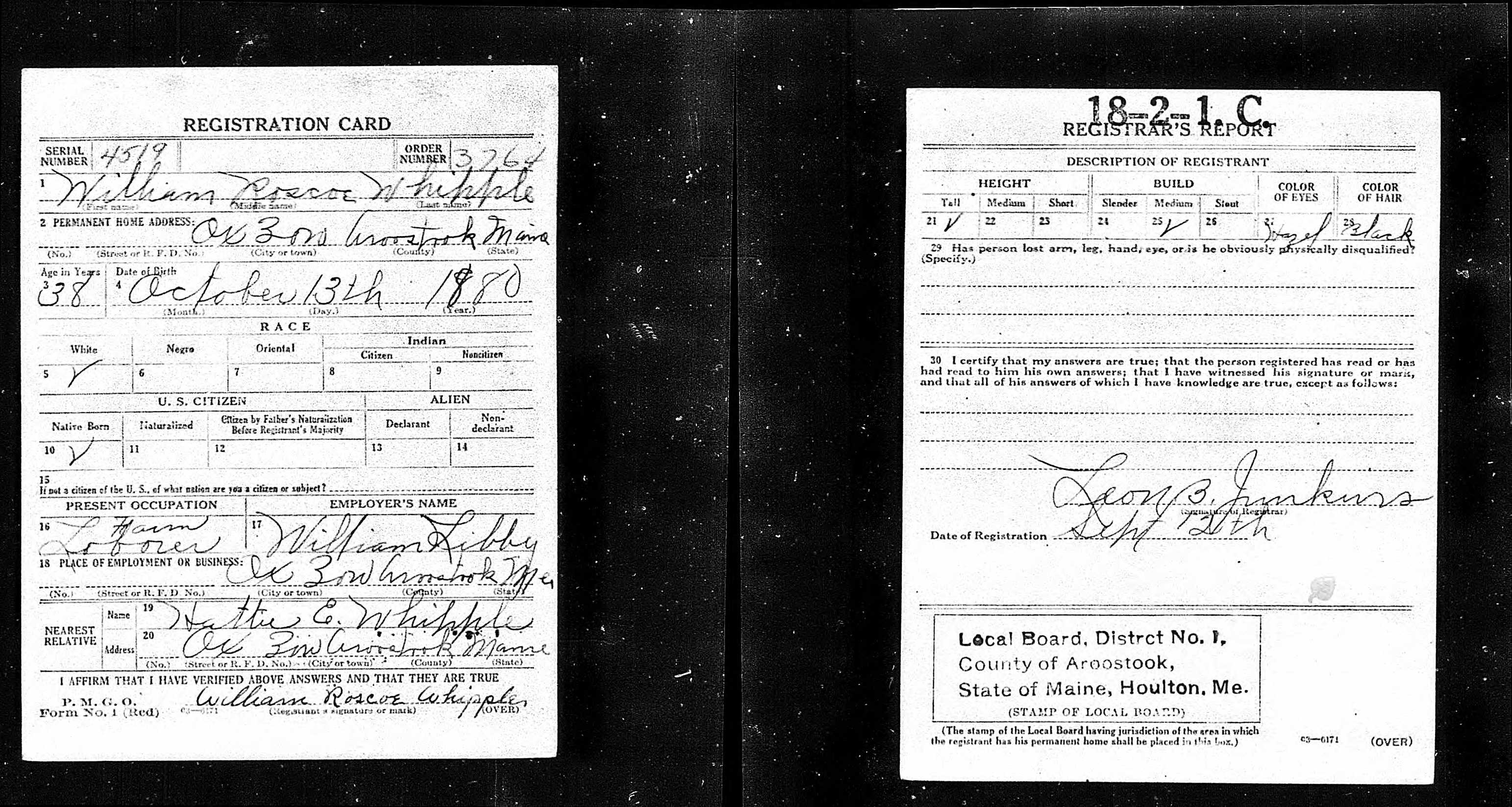 World War I Draft Registration Card — William Roscoe Whipple World War I Draft Registration Card — William Roscoe Whipple