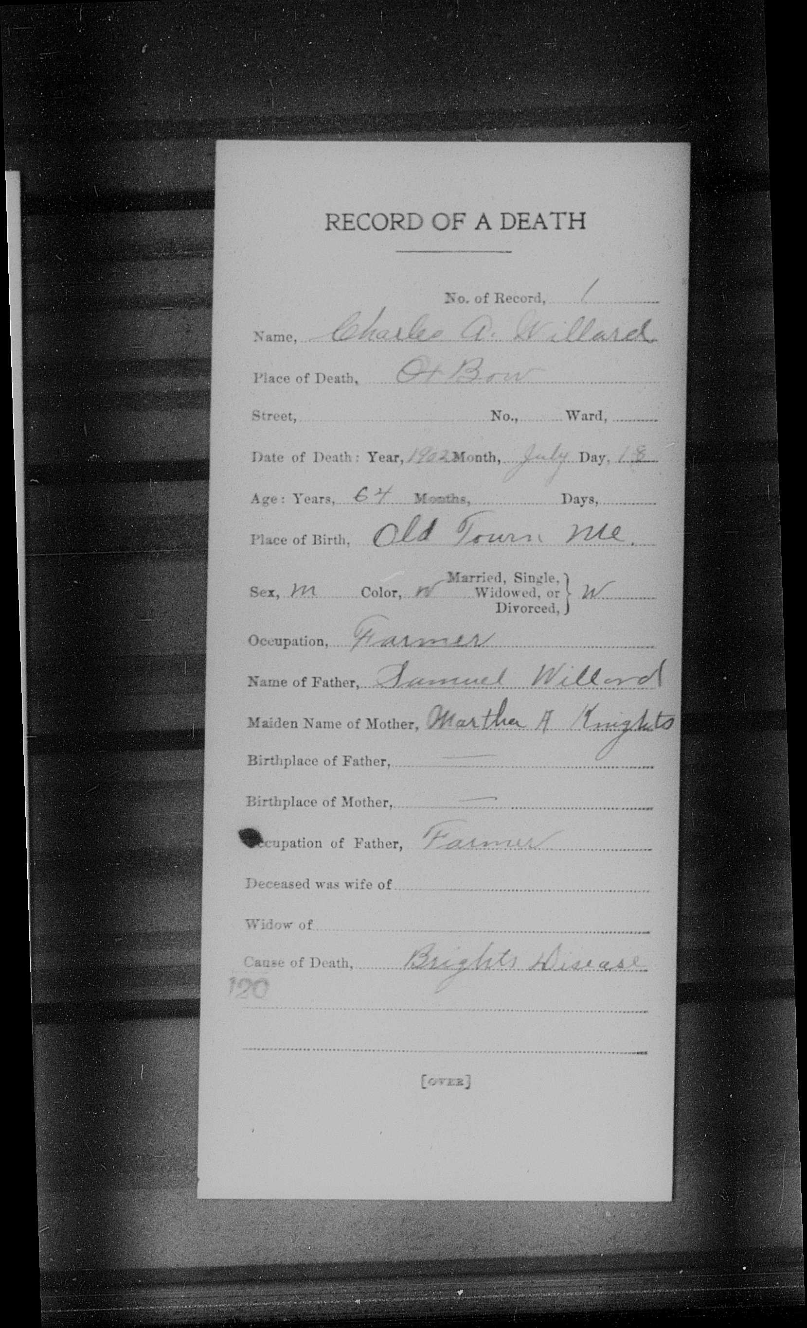 Charles A. Willard - 1902 Death Record