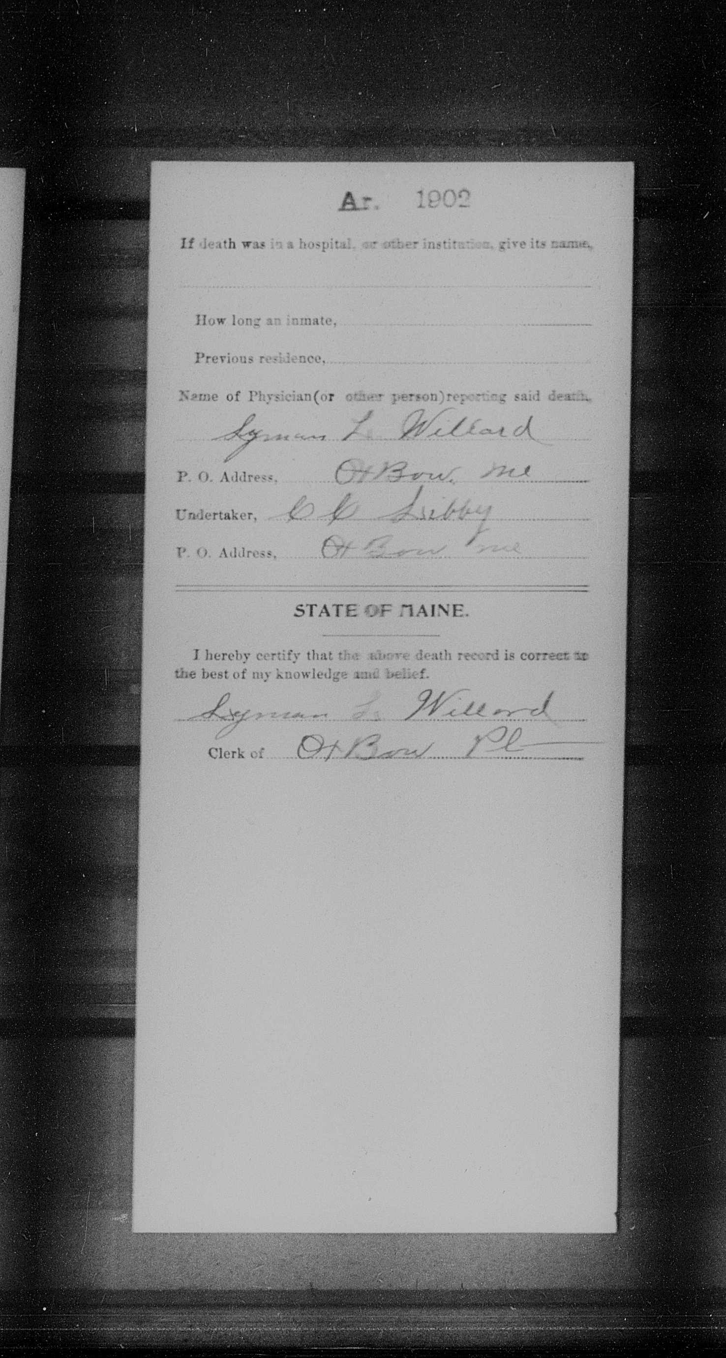 Charles A. Willard - 1902 Death Record (back)