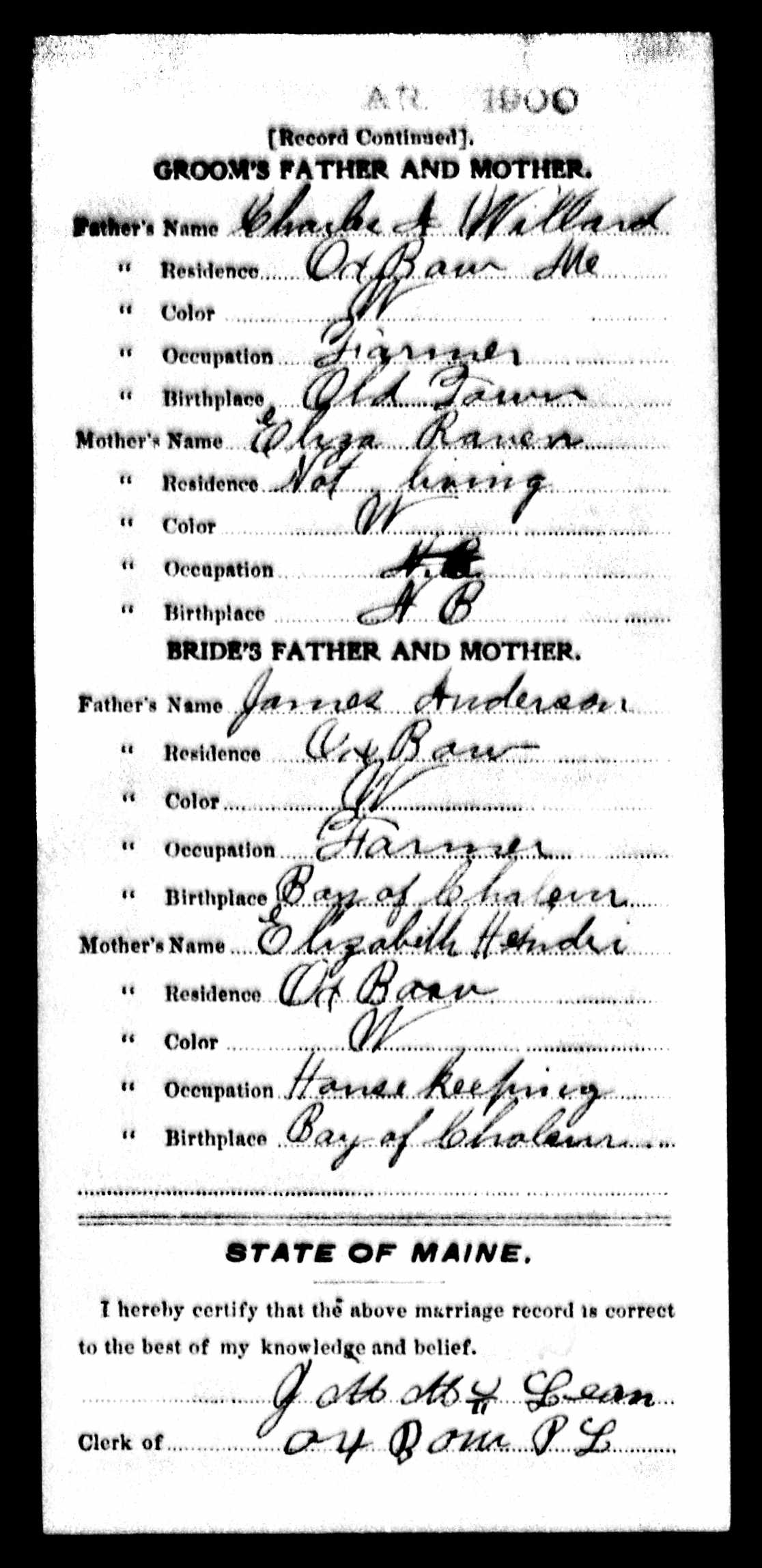 Marriage Record (back) — Warren E. Willard and May Bell Anderson