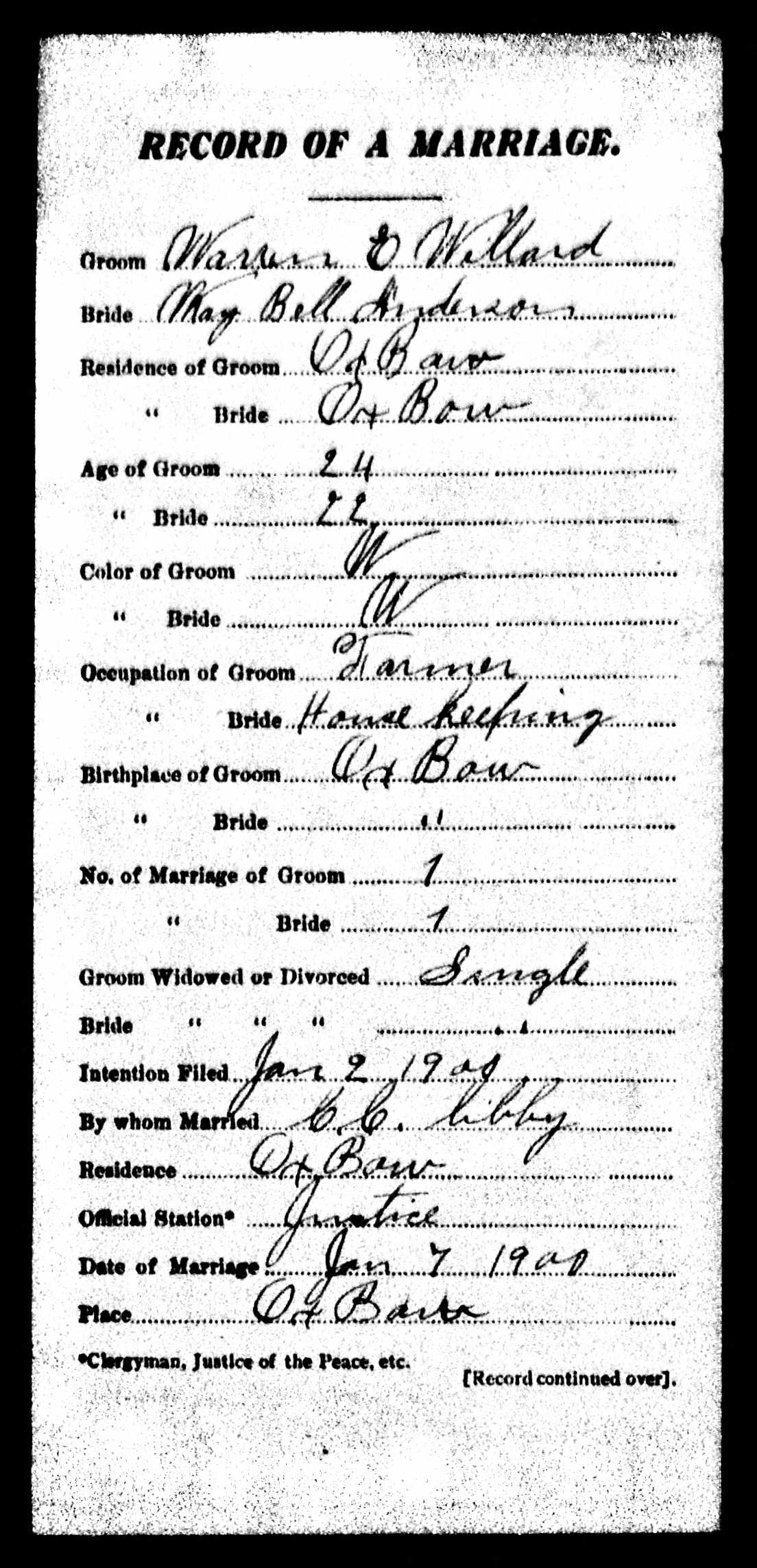 Marriage Record (front) — Warren E. Willard and May Bell Anderson