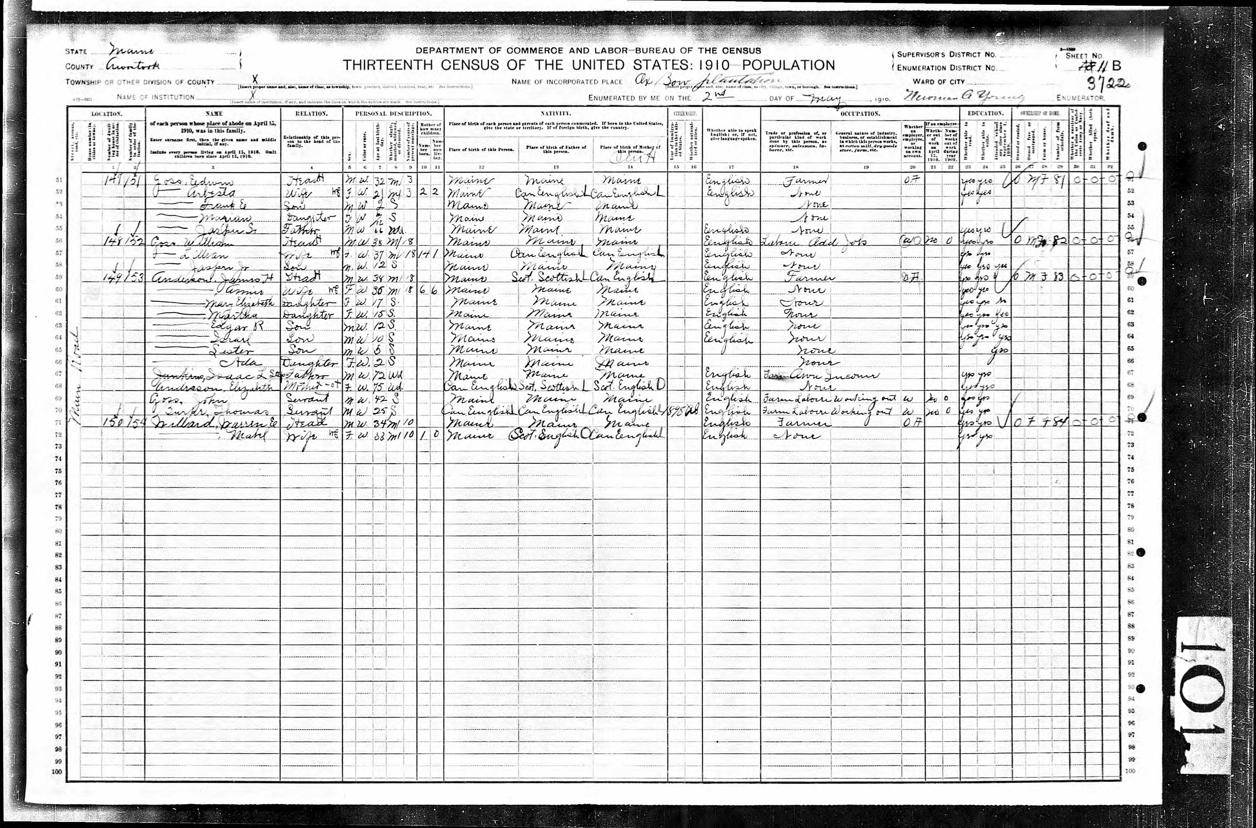 1910 US Census — Oxbow Plantation, Maine