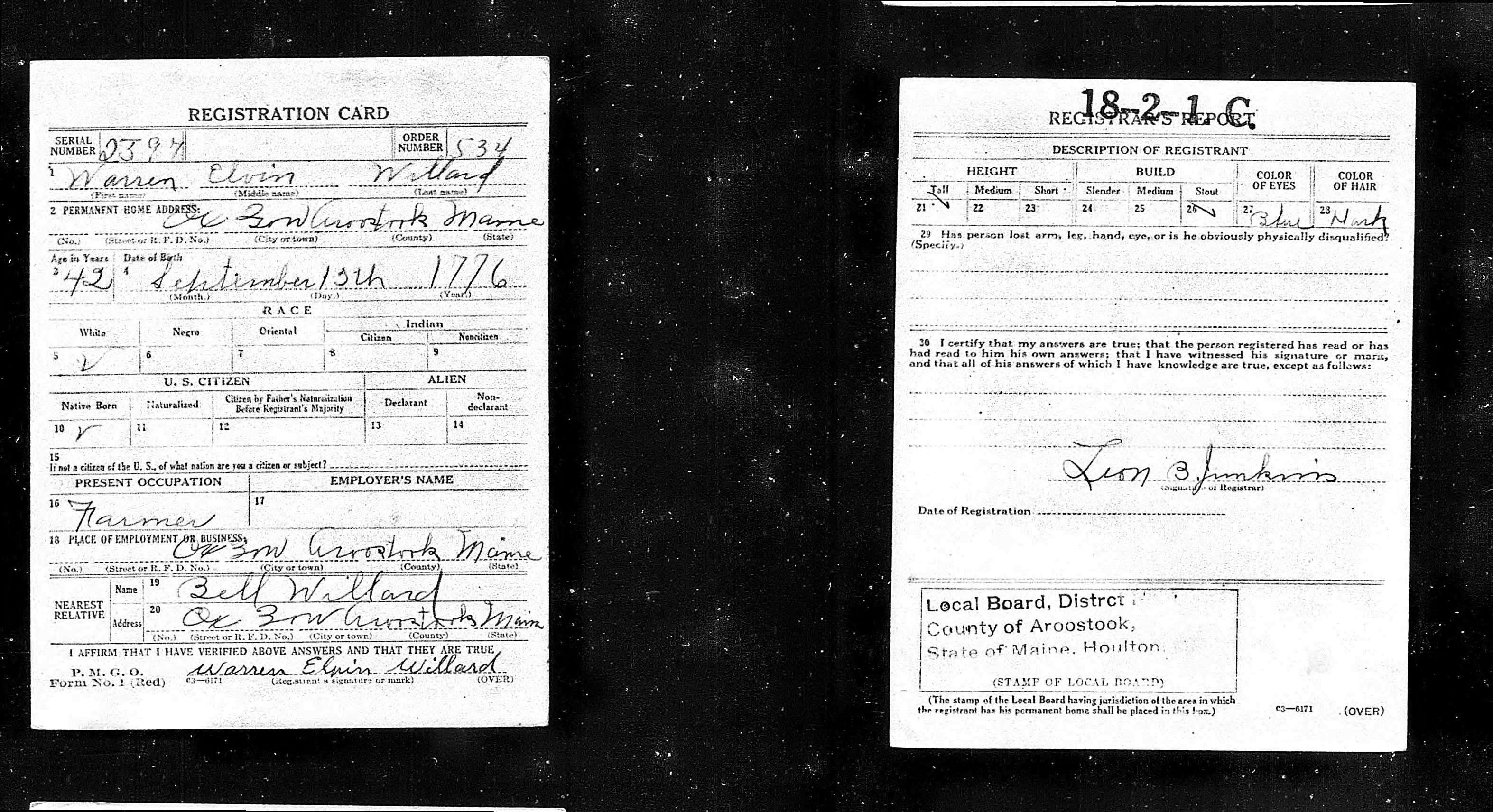 World War I Draft Card for Warren Elwin Willard