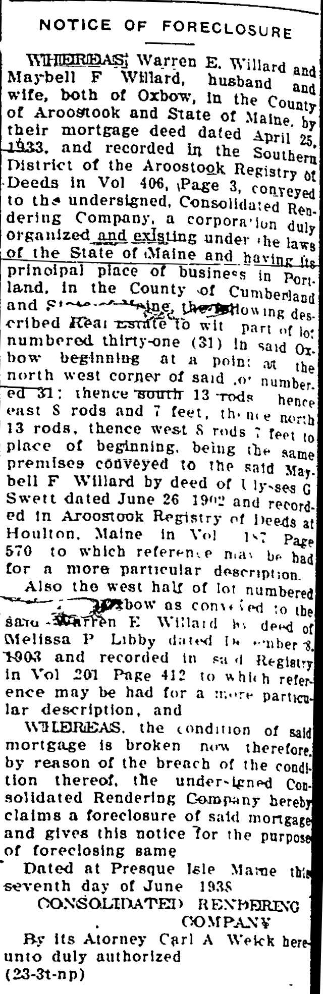 Notice in The Star-Herald, 9 June 1938