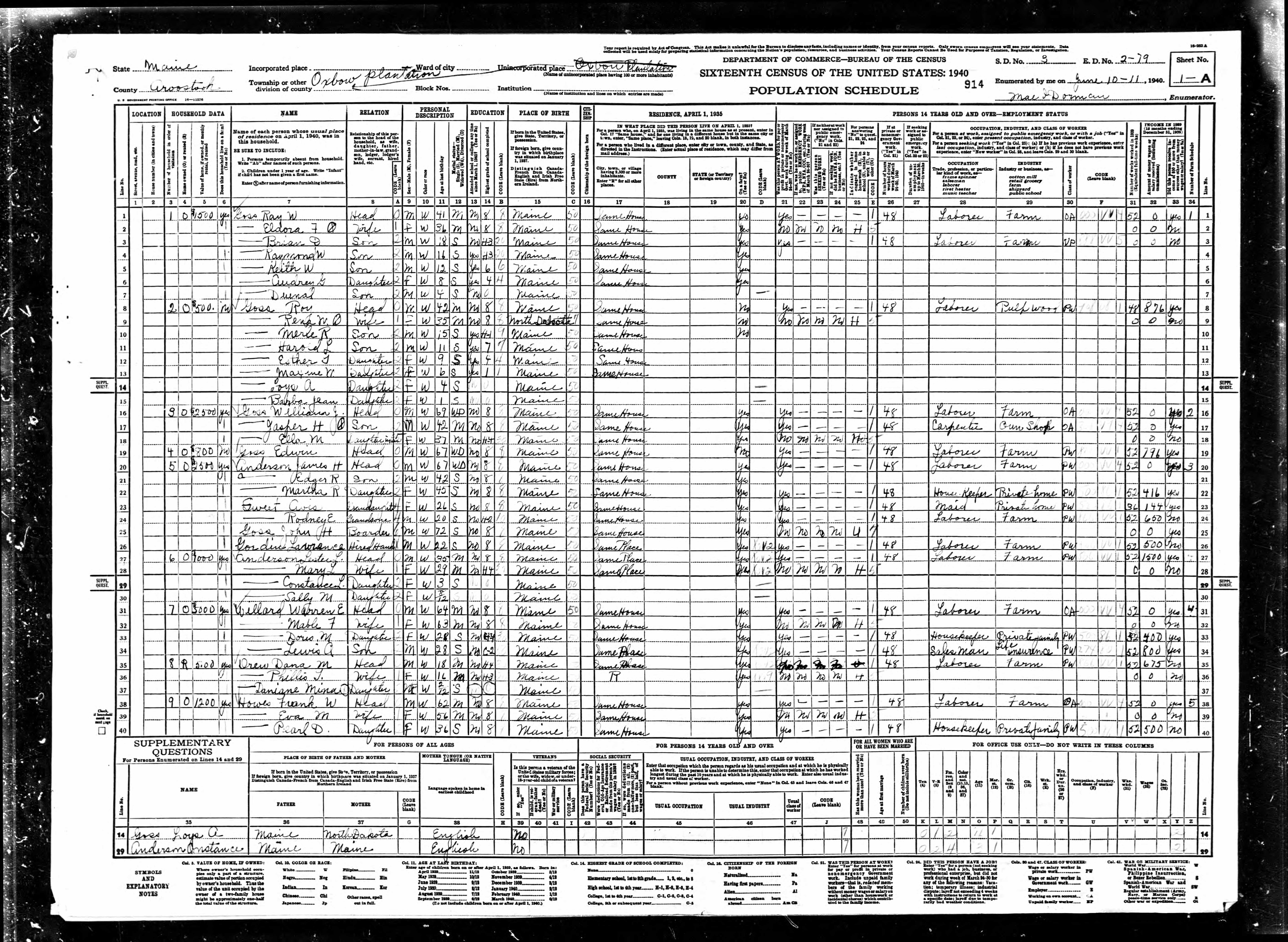 1940 US Census — Oxbow Plantation, Maine