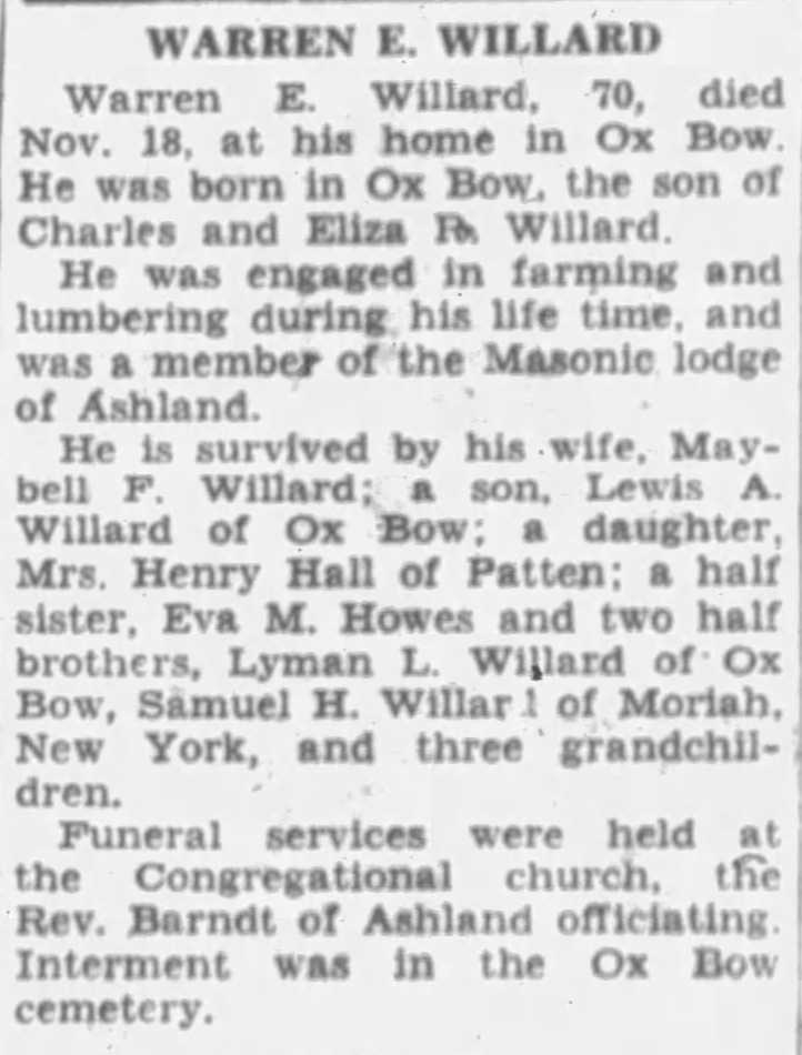 Obituary in Bangor Daily News, 30 November 1945